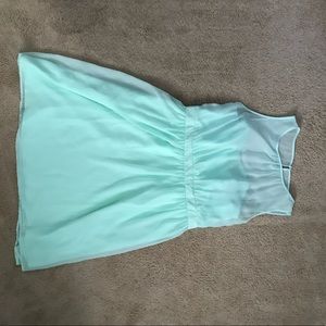 Aqua bridesmaid dress with illusion neckline